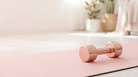 Rose gold dumbbell on pink yoga mat with potted plant and neutral background, suitable for fitness, wellness, and gym-related design projects.