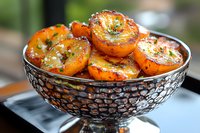 Grilled apricots with honey glaze and fresh herbs served in decorative metal bowl, close-up view showing caramelized fruit with golden-brown surface.