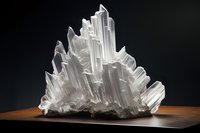 White crystalline mineral formation with translucent prismatic structures rising dramatically against dark background, displayed on wooden surface. Natural geological specimen.