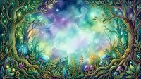 Enchanted forest clearing with glowing magical lights, twisted trees, and lush vegetation creating a mystical woodland gateway for fantasy and storybook illustrations.