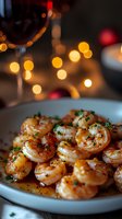 Succulent garlic butter shrimp garnished with fresh herbs on white plate, warm bokeh lights creating festive mood, close-up view of seafood dinner preparation.