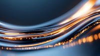 Glowing curved lines with golden light streaks and bokeh effects on dark background create dynamic abstract composition for technology and motion designs.