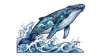 Humpback whale breaching ocean waves in blue and teal tones, isolated on white background. Suitable for marine wildlife designs, educational materials, and ocean-themed projects.