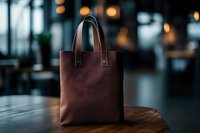 Brown leather tote bag on wooden table in modern cafe with warm ambient lighting and blurred background for lifestyle and fashion concepts.