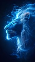 Majestic lion head profile with glowing blue ethereal flames and smoke effects against dark background, creating mystical and powerful artistic composition.