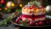 Festive layered dessert with cranberries, cream and fruit on dark plate. Holiday sweet treat garnished with fresh berries and pine branches against blurred Christmas lights.