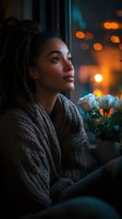 Young African American woman in knit sweater gazing thoughtfully through window at sunset, white roses in foreground, bokeh city lights creating warm atmospheric mood.