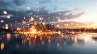 Dreamy cityscape with glowing particles floating over water at sunset, creating magical urban reflection with bokeh light effect.