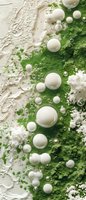 Macro photography of white soap bubbles and foam floating on green matcha powder surface with textured cream background creating abstract artistic composition.