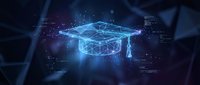 Glowing neon graduation cap with digital network particles and data connections on dark background, representing online education, e-learning, and digital learning technology.