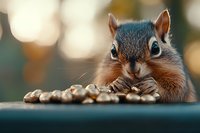 Adorable red squirrel with chubby cheeks eating nuts on blurred natural background, close-up portrait showing bright blue eyes and detailed fur texture.