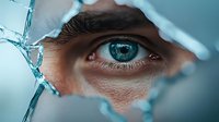 Close-up of blue eye seen through broken glass with jagged edges, creating dramatic tension in cool tones. Perfect for concepts of vision, fragility, or psychological themes.