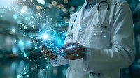 Doctor using digital technology with glowing network connections and data visualization for modern healthcare innovation and medical research applications.