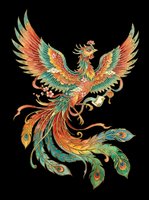 Colorful Chinese phoenix with spread wings, ornate feathers in red, teal, and gold, isolated on transparent background, for t-shirts, stickers, and print on demand.