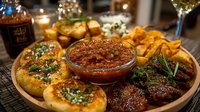 Festive appetizer platter with meatballs, herb-topped bread rolls and dipping sauce for holiday entertaining and party catering.