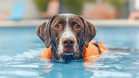 German Shorthaired Pointer dog wearing orange life jacket swimming in blue pool water, close up portrait showing expressive eyes and wet face.