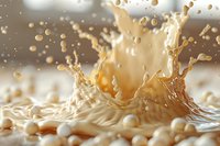 Dynamic splash of soy milk with floating soybeans creating a crown-shaped liquid explosion, perfect for healthy lifestyle and plant-based diet advertising or packaging design.