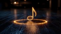 Golden musical note symbol floating above glowing circular light trail on dark wooden floor with warm ambient lighting for music production concepts.