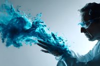 Young scientist in lab coat creating dramatic blue smoke explosion with hands for chemistry research and scientific experimentation concepts.