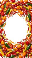 Colorful hot chili peppers frame on white background with copy space for text. Spicy food ingredients border for cooking and culinary design projects.
