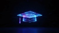 Digital graduation cap made of glowing blue particles and connecting lines on dark background representing online education and academic achievement.