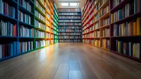 Rainbow colored bookshelves in modern library interior with wooden floor and natural light from skylight, creating symmetrical perspective view for education concept.