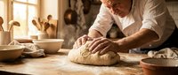Professional baker kneading fresh bread dough on wooden table in warm bakery kitchen with natural sunlight streaming through windows.