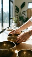 Adult male hands with rings playing singing bowls during meditation practice in bright modern interior with potted plants and window view.