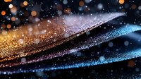 Glowing abstract waves with sparkling gold and blue bokeh lights on dark background create magical atmosphere for festive designs and celebrations.