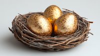Golden eggs nestled in brown twig nest against light background, symbolizing wealth, investment and financial growth concepts for business designs.
