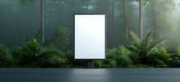 Blank white vertical billboard mockup in misty forest environment with ferns and pine trees, concrete floor reflecting light. Atmospheric outdoor advertising space.