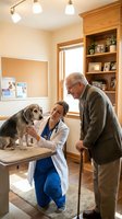 Senior Caucasian man with walking cane visits veterinary clinic with beagle dog and female veterinarian in white coat for pet healthcare consultation.