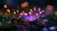 Magical glowing purple flower with luminous petals creating enchanting bokeh lights in dark fantasy garden setting for creative projects and designs.