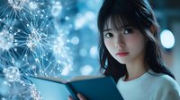 Young Asian woman reading book in magical winter atmosphere with glowing sparkles and bokeh lights creating dreamy ethereal mood. Soft blue tones enhance mystical feel.