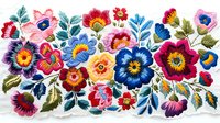 Vibrant folk art floral composition with colorful blooms in red, blue, pink and yellow against white background, featuring stylized petals and decorative leaves.