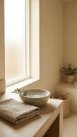 Minimalist bathroom vanity with ceramic bowl, folded linen towel, and potted plant near bright window. Serene spa and wellness design for home decor and interior styling projects.