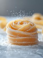 Fresh pasta nests with flour dust falling on marble surface, homemade Italian fettuccine ready for cooking in modern kitchen setting.