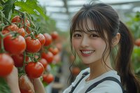 Young Asian female farmer with bright smile examining ripe tomatoes in modern greenhouse. Natural lighting highlights fresh produce and sustainable agriculture.