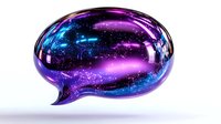 Glossy speech bubble with cosmic galaxy pattern in purple and blue colors isolated on white background for communication design and social media graphics.