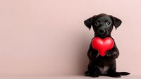 Black puppy holding red heart shape in mouth against pink background, Valentine's day pet portrait concept for greeting cards and social media posts.