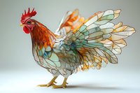 Artistic rooster with vibrant feathers in watercolor style featuring teal, orange and brown plumage against light background, showcasing detailed wing pattern and proud stance.