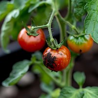 Fresh ripe tomatoes growing on vine with soil spots and green leaves in garden, macro photography showing natural organic produce and farming details.
