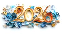 Decorative number 2026 in gold with blue and orange paper quilling floral elements and swirls on white background. Artistic calendar design for new year celebration.