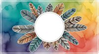 Watercolor feathers arranged in circular frame on gradient background with white center space, suitable for design projects, invitations, and creative layouts.