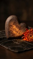 Wooden heart with Happy Mother's Day engraved text and orange chrysanthemum flower on rustic slate surface for greeting cards and holiday celebrations.