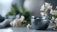 Metallic cosmetic jar with water drops on dark background with white spring blossom flowers, luxury skincare product photography for beauty industry.