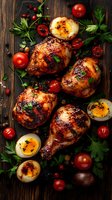 Grilled chicken thighs with roasted tomatoes, soft-boiled eggs, and fresh herbs on rustic wooden background.