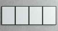 Four blank white canvas frames with black borders mounted on concrete wall for artwork display and gallery exhibition mockup.
