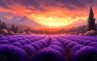 Lavender field at sunset with purple flowers in rows, mountain landscape background, golden hour sky with pink and orange clouds, peaceful countryside scenery.