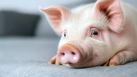 Close up portrait of young pink piglet lying on grey sofa, looking directly at camera with curious expression. Soft natural lighting highlights delicate features.